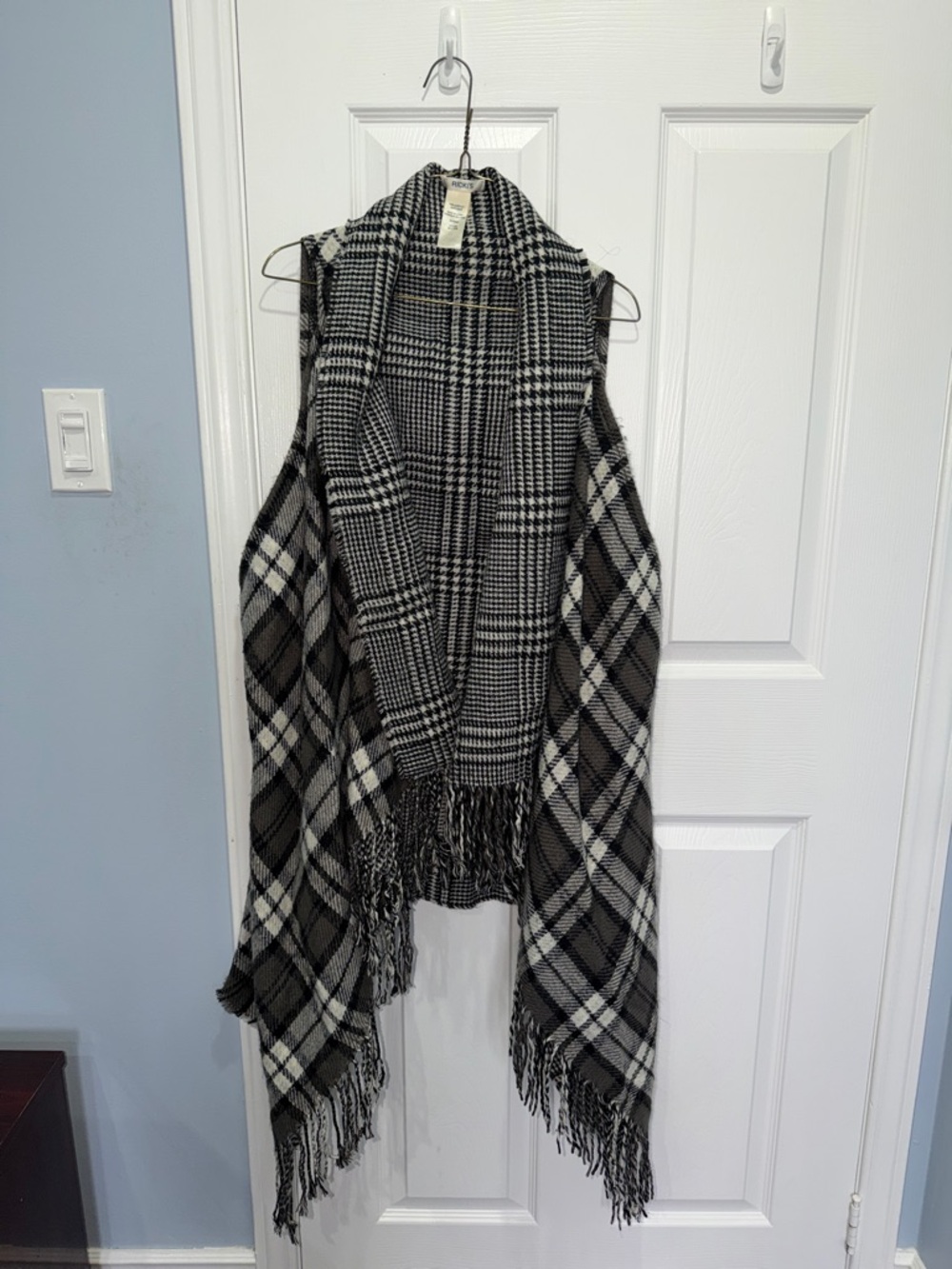Ricki's Black & White Plaid Fringe Shawl Vest